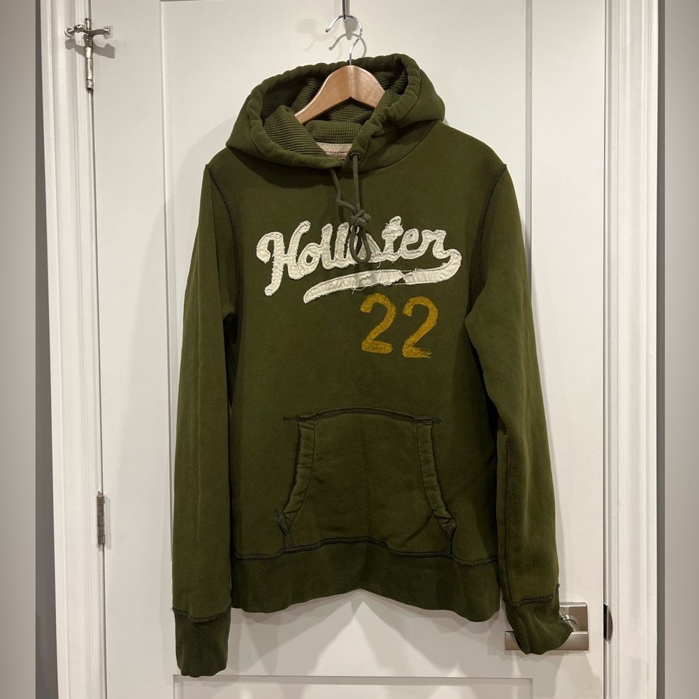 Hollister Men's Olive Hoodie with Logo